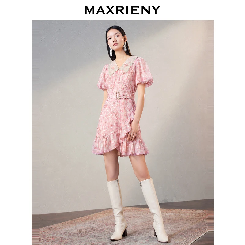 【千颂妮专属】MAXRIENY风泡泡袖连衣裙包臀粉色夏季气质法式收腰