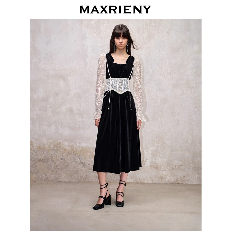 【达人专属】MAXRIENY法式宫廷复古风拼接蕾丝丝绒连衣裙
