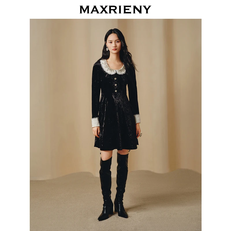 【诗语专属】MAXRIENY精致赫本华丽风重工钉珠连衣裙丝绒裙女装蕾丝