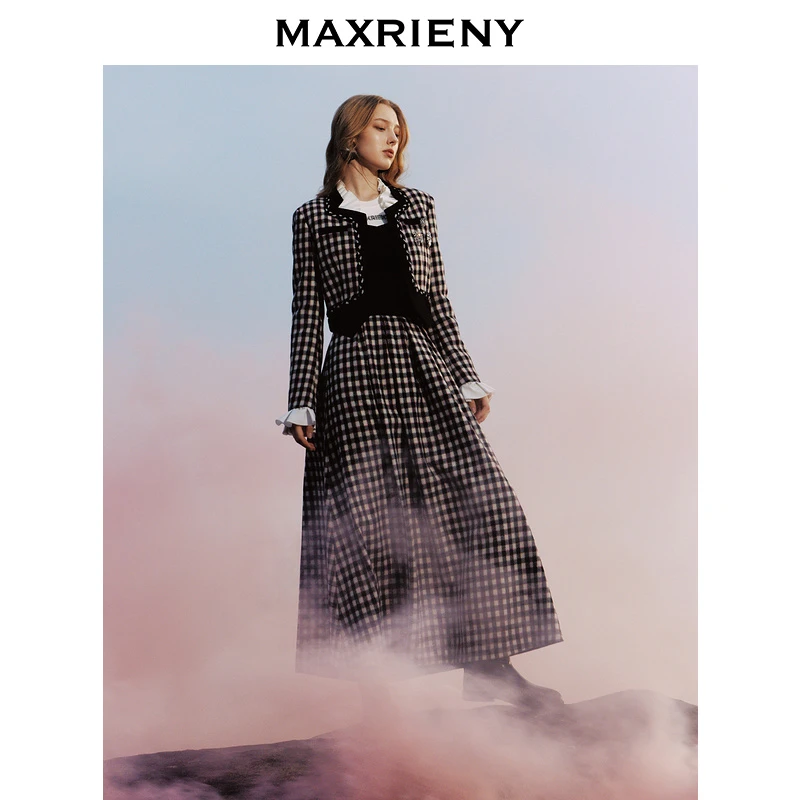 【林一专属】MAXRIENY感花火宫廷半裙收腰大摆格纹半身裙气质