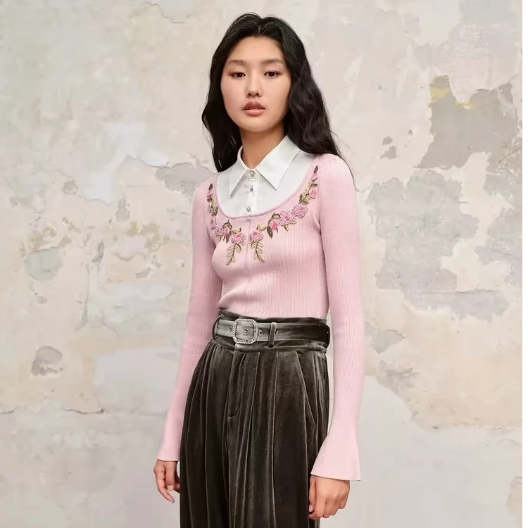 【蜜思仝】MAXRIENY文艺复古花卉衬衫领拼接套头针织衫上衣