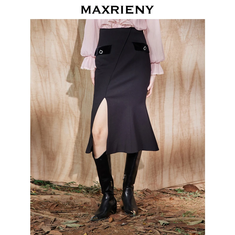 【老板娘夏天】MAXRIENY黑桃钉珠鱼尾裙复古开叉半裙中长半身裙