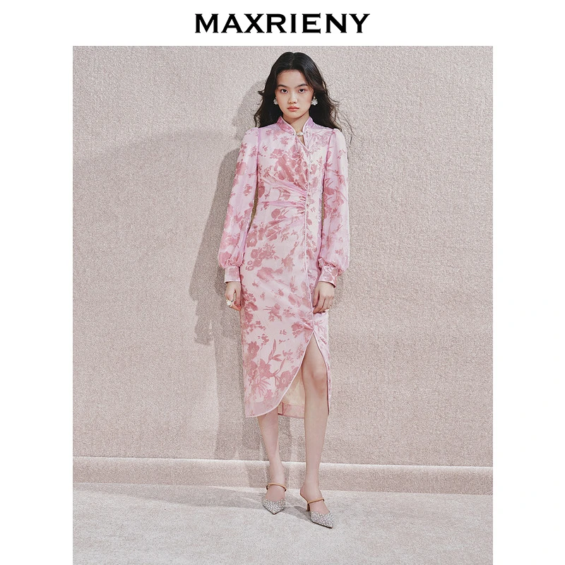 【诗语专属】MAXRIENY盘扣连衣裙女改良旗袍开叉国风裙子收腰