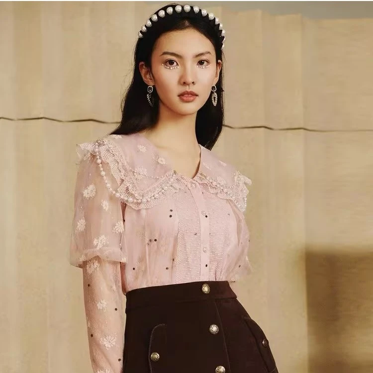 【媛媛女王】MAXRIENY波点蕾丝衫秋冬新款v领上衣法式重工显瘦