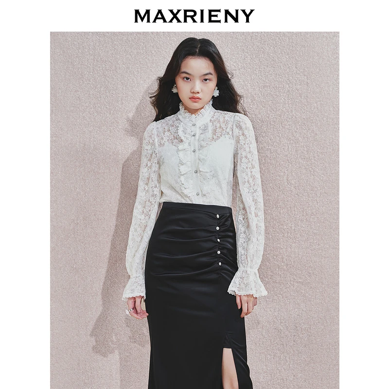 【诗语专属】MAXRIENY浪漫优雅感蕾丝雪纺衫秋冬新款显瘦上衣女