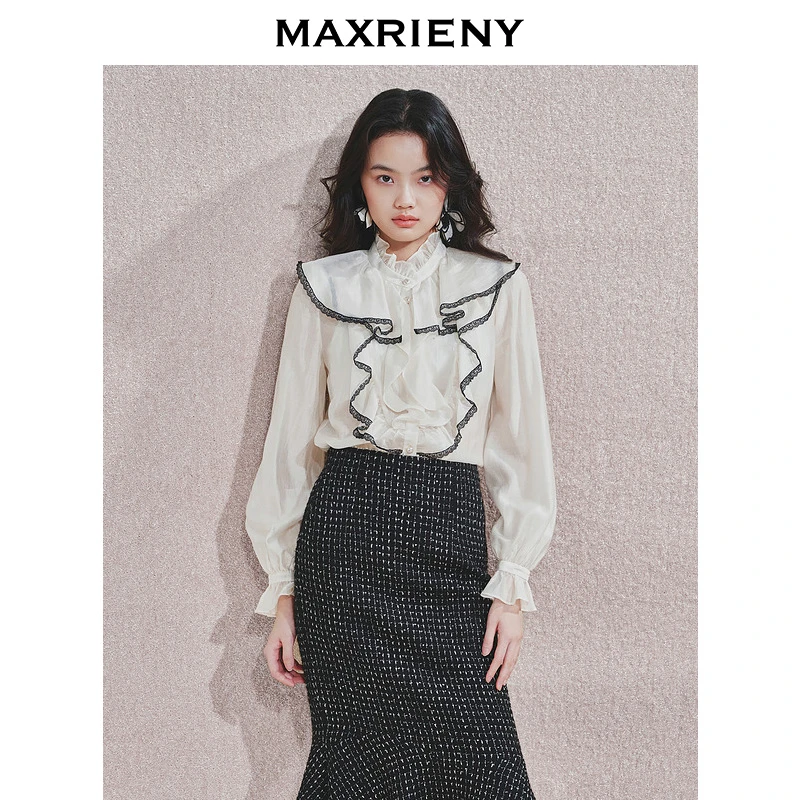 【陈大可专属】MAXRIENY蕾丝雪纺衫秋冬新款经典赫本风上衣