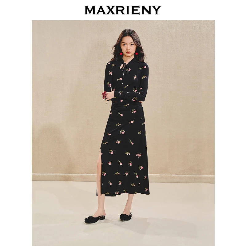 【老板娘夏天】MAXRIENY新中式盘扣连衣裙2024玫瑰印花长裙开叉收腰