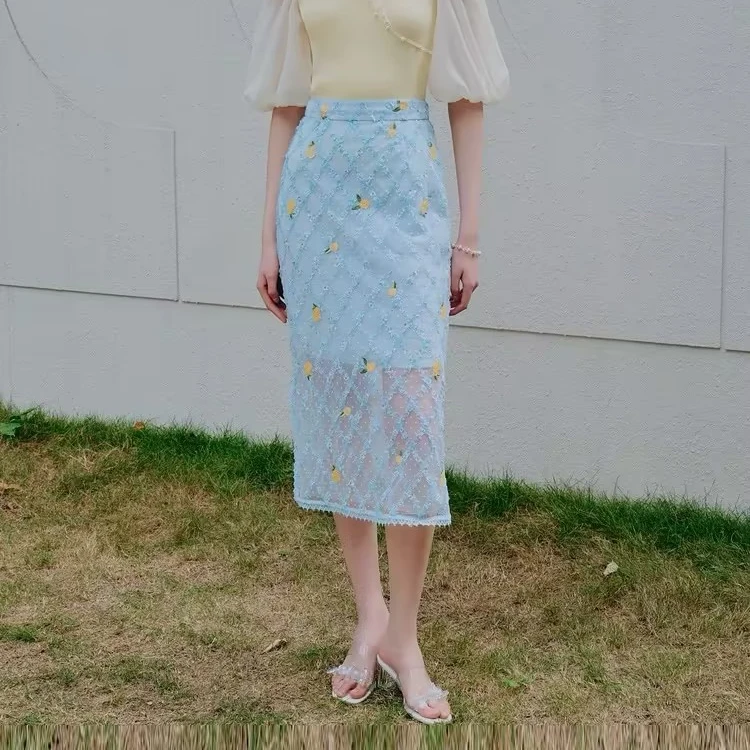 【蜜思仝】MAXRIENY柠檬半裙肌理感蕾丝高腰一步裙