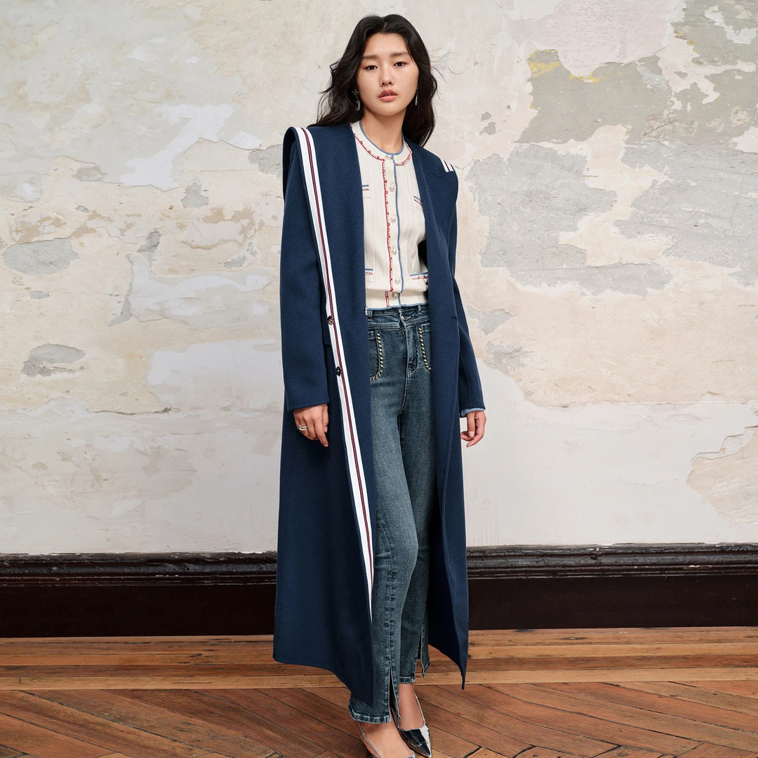 【彭彭echo专属】MAXRIENY精致复古海军风直身大衣毛呢外套长款