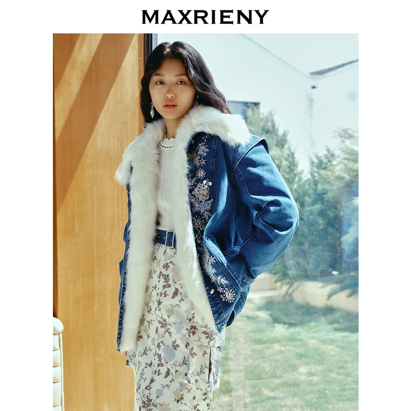 【专用】MAXRIENY复古雪花刺绣钉珠羽绒服毛领牛仔外套