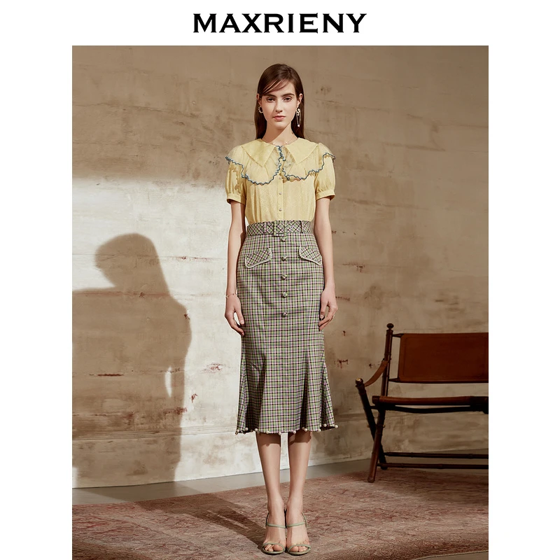 【高高甄选】MAXRIENY格纹半身裙女士鱼尾裙洋气修身中长裙子
