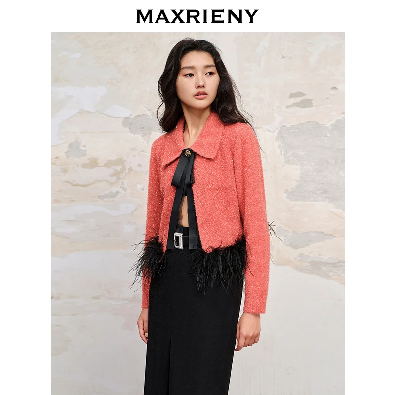 【若谷大大】MAXRIENY感枣红色蝴蝶结毛织上衣女雅丹风安可拉