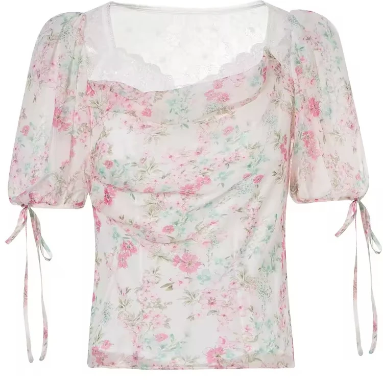 【小花专属】MAXRIENY法式荡领真丝雪纺衫修身甜美碎花上衣