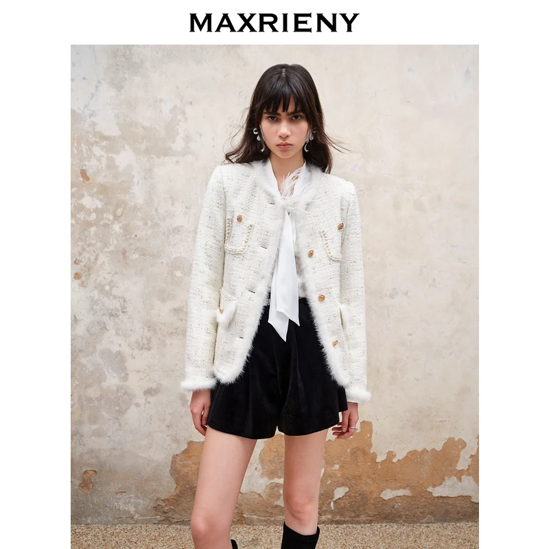 【小呆鸟专享】MAXRIENY千金小香风羽绒服新年穿搭精致水貂毛白色