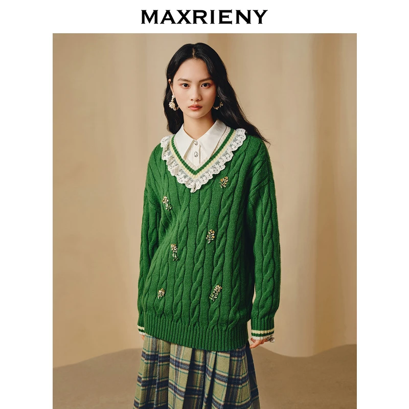 【媛媛女王】MAXRIENY精致学院钉钻绣花撞色慵懒针织毛衫