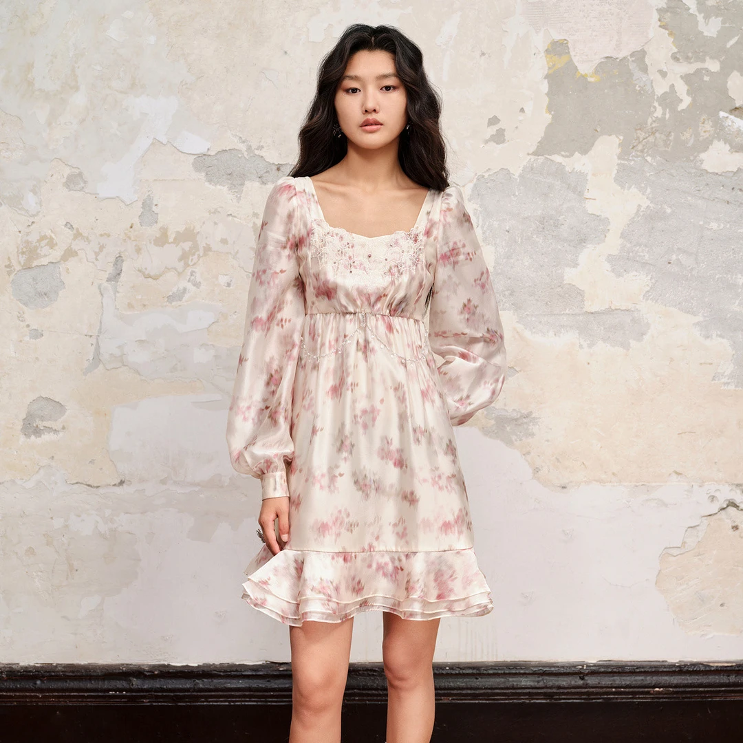 【老板娘夏天】MAXRIENY精致浪漫甜美风晕染印花长袖气球连衣裙