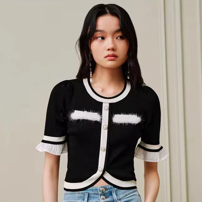 M-MAXRIENY千金小香风 撞色短袖针织衫上衣百搭短款