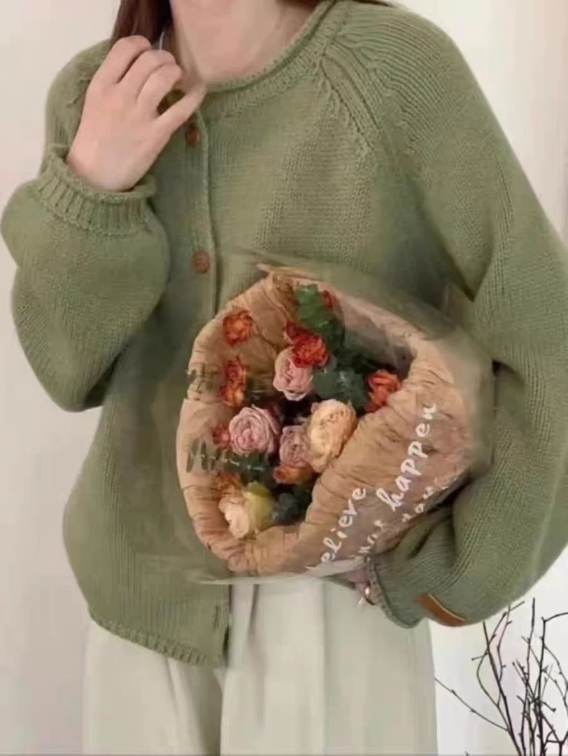 绿色针织衫慵懒风秋冬韩版开衫女装上衣网红百搭复古加厚