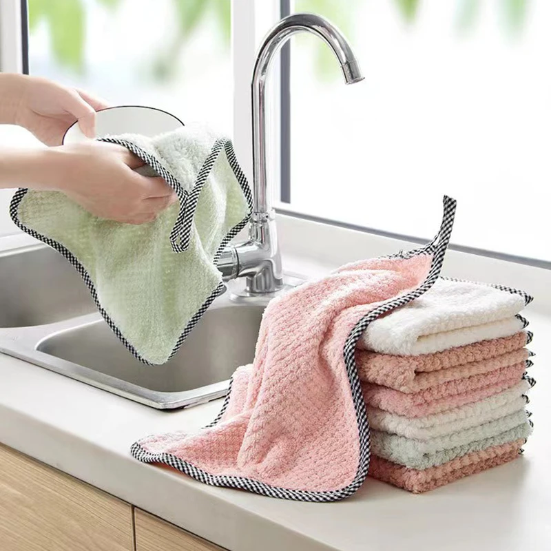 厨房菠萝纹格洗碗布 可挂式珊瑚绒双面抹布 不掉毛吸水擦手巾素色