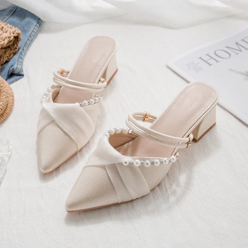 粗跟尖头凉鞋女2024年夏季新款百搭温柔仙女风法式包头凉拖鞋女鞋