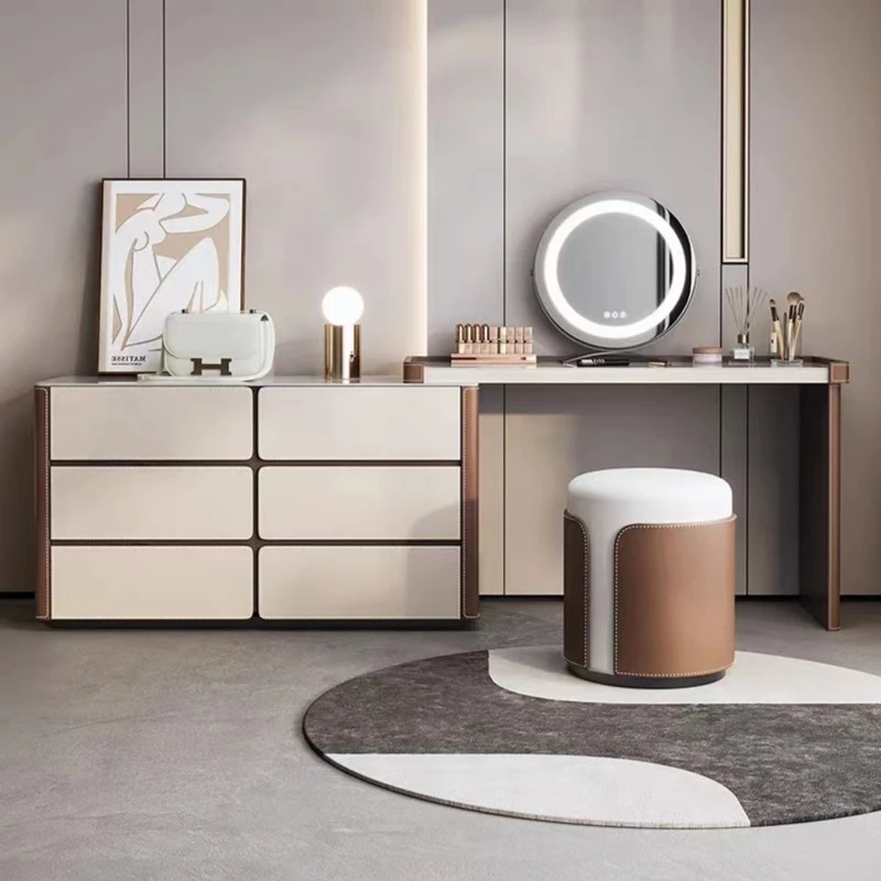现代极简风家用简约可伸缩化妆桌马鞍皮全包裹六斗柜妆台收纳柜