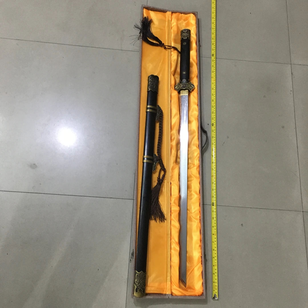 46龙泉市 黄铜 黑檀木 花纹钢烧刃 长唐横 未开刃