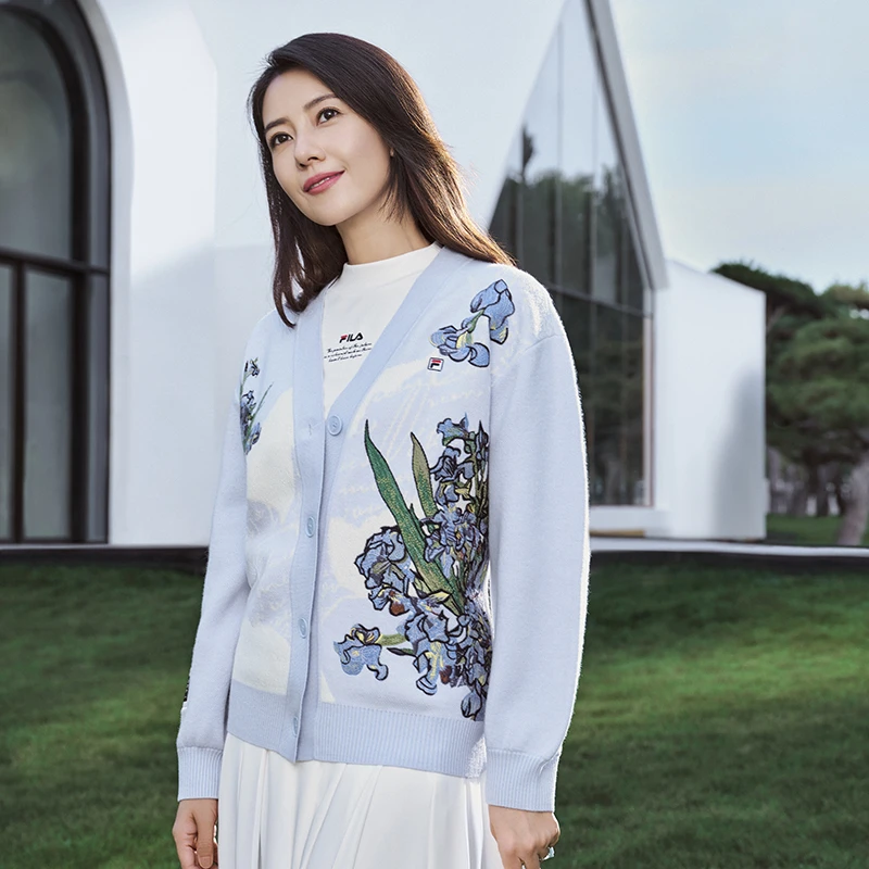 Fila/斐乐毛衣【梵高联名】绵羊毛编织开衫女运动外套F11W318404A