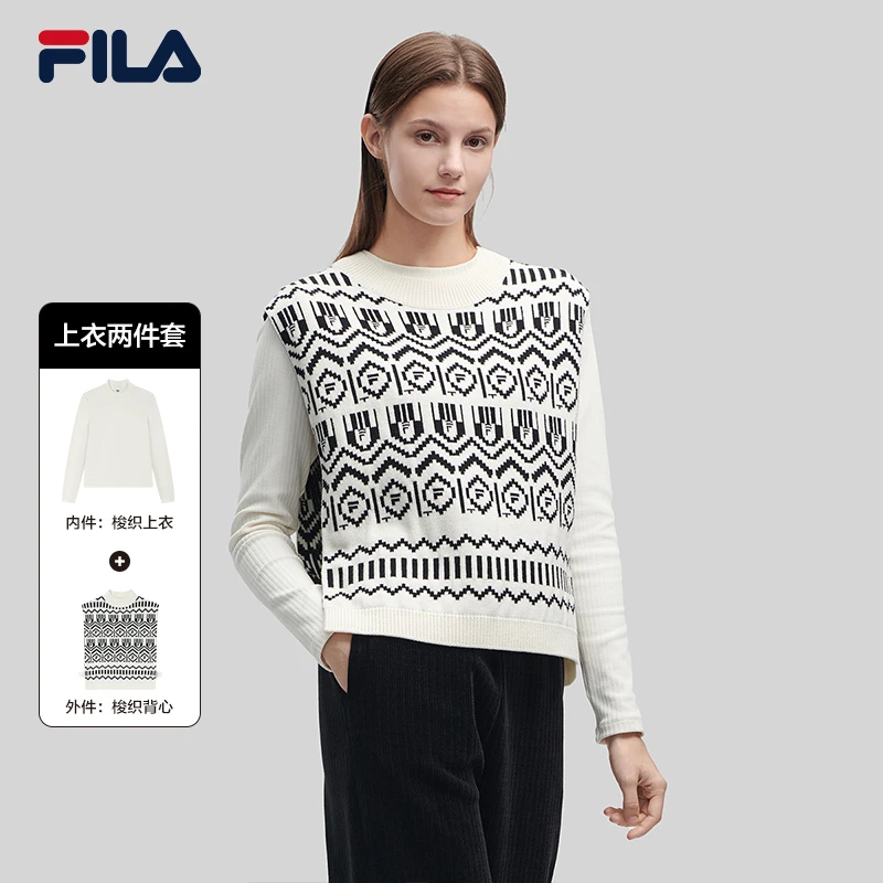 FILA斐乐女装时尚保暖长袖针织衫两件套圆领毛衣F11W344409F