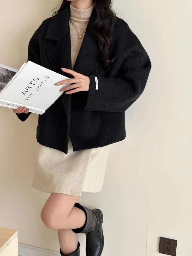 【M9820】韩版休闲西服款秋冬新款双面手缝大衣宽松时尚围巾款显瘦