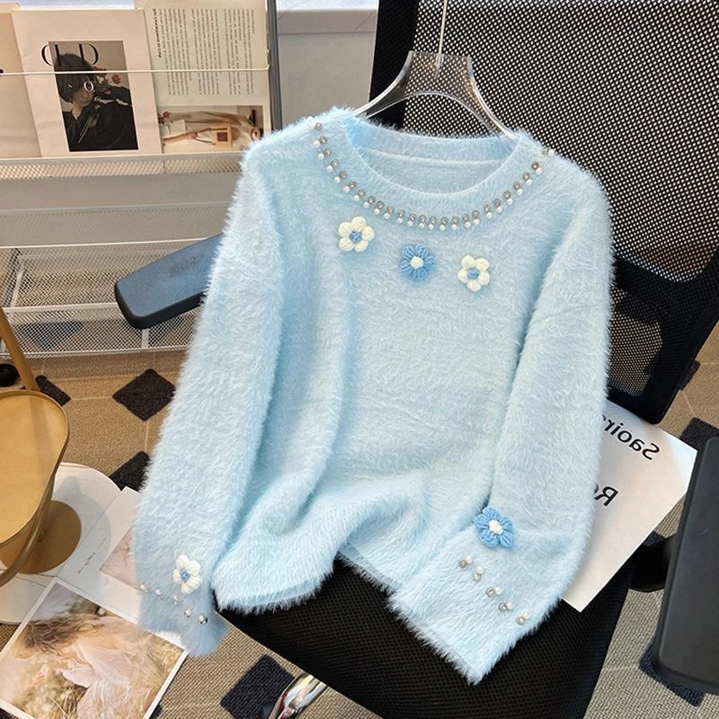 秋冬圆领宽松毛衣重工长袖立体钉珠新款打底甜美针织衫上衣女法式