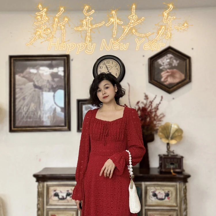 方领连衣裙蕾丝气质法式结婚新娘酒红色裙子显瘦长袖复古收腰羽毛