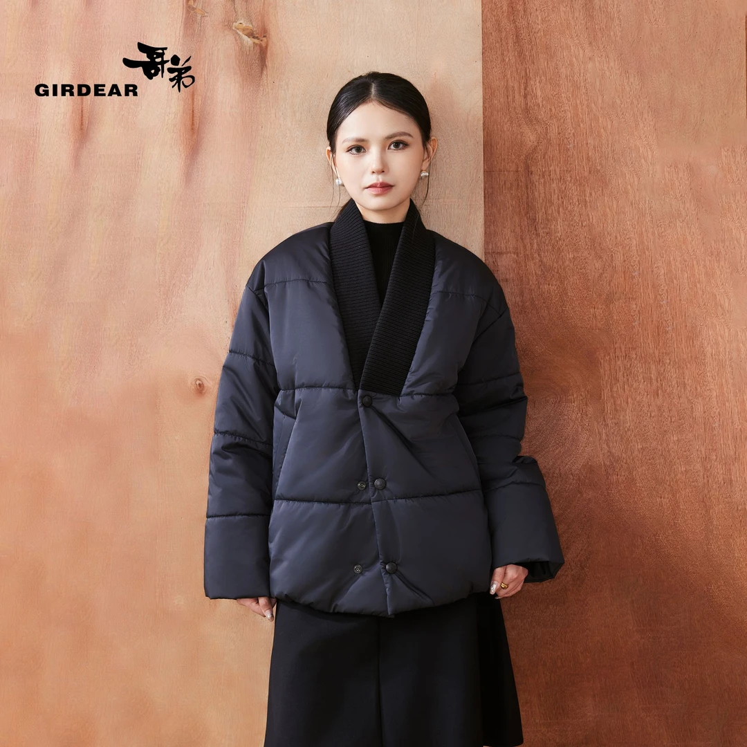 GIRDEAR/哥弟时尚百搭造型大V螺纹领新雪丽棉服1400804-1122711-0