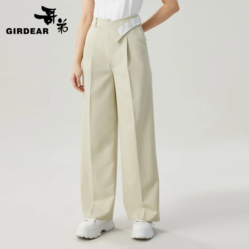GIRDEAR/哥弟翻边拼接造型腰头宽松醋酸垂感巴黎阔腿裤1100447-