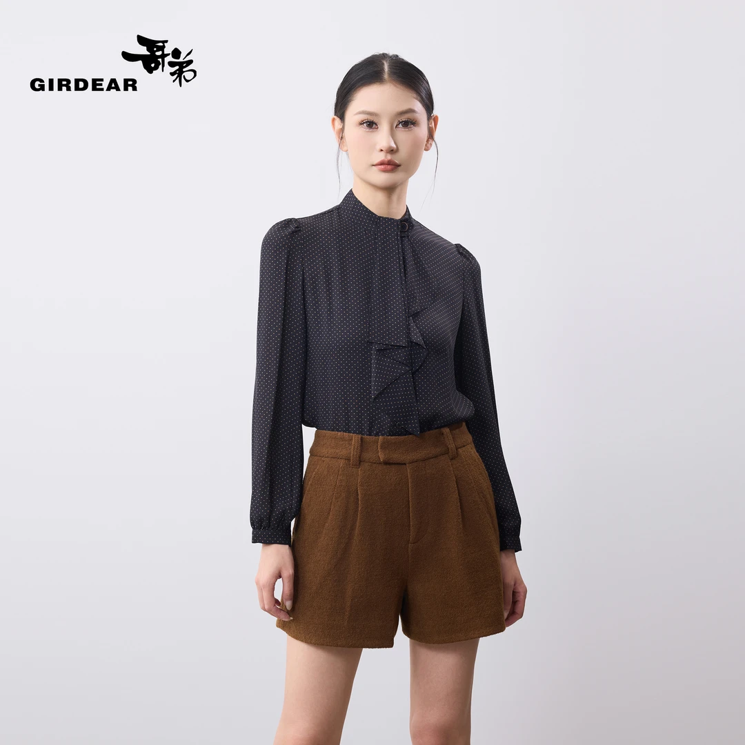 GIRDEAR/哥弟薄荷曼波法式复古荷叶立领气质波点长袖衬衫1300744-