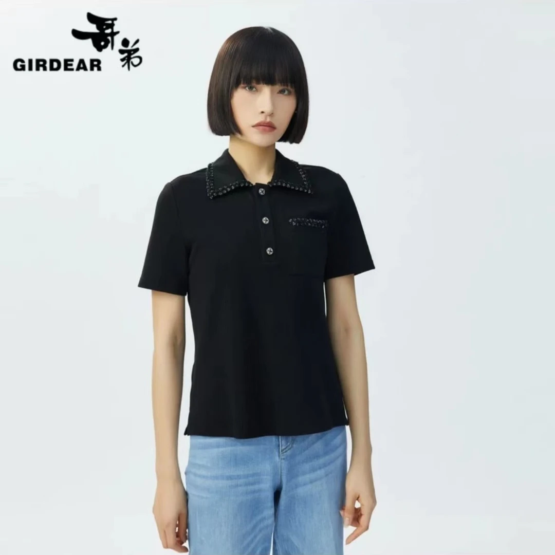 GIRDEAR/哥弟时尚通勤商务经典上衣百搭翻领小香风短袖T恤1300775