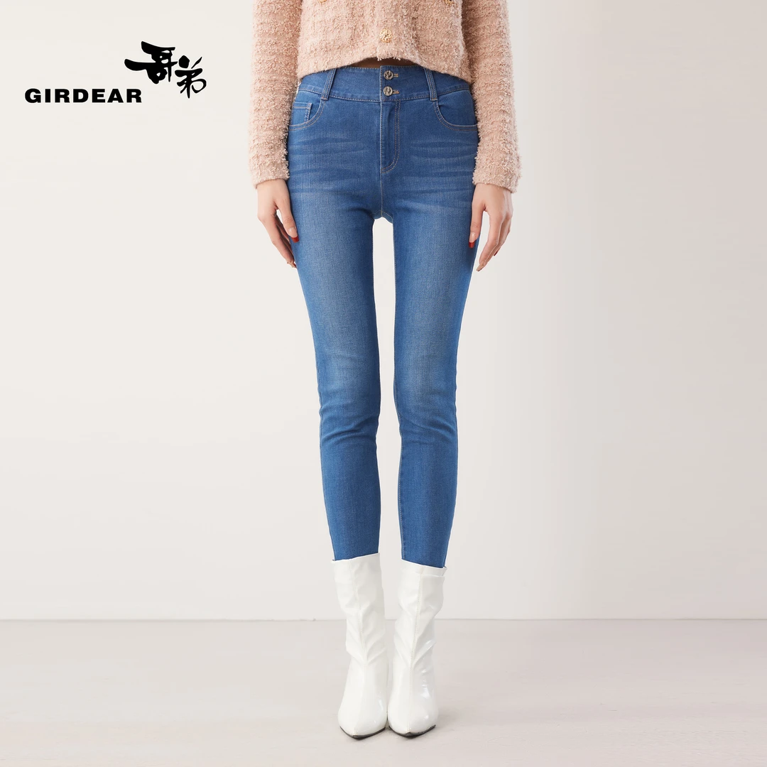 GIRDEAR/哥弟弹力修身高腰小脚显瘦水洗蓝色牛仔铅笔裤1100448-42