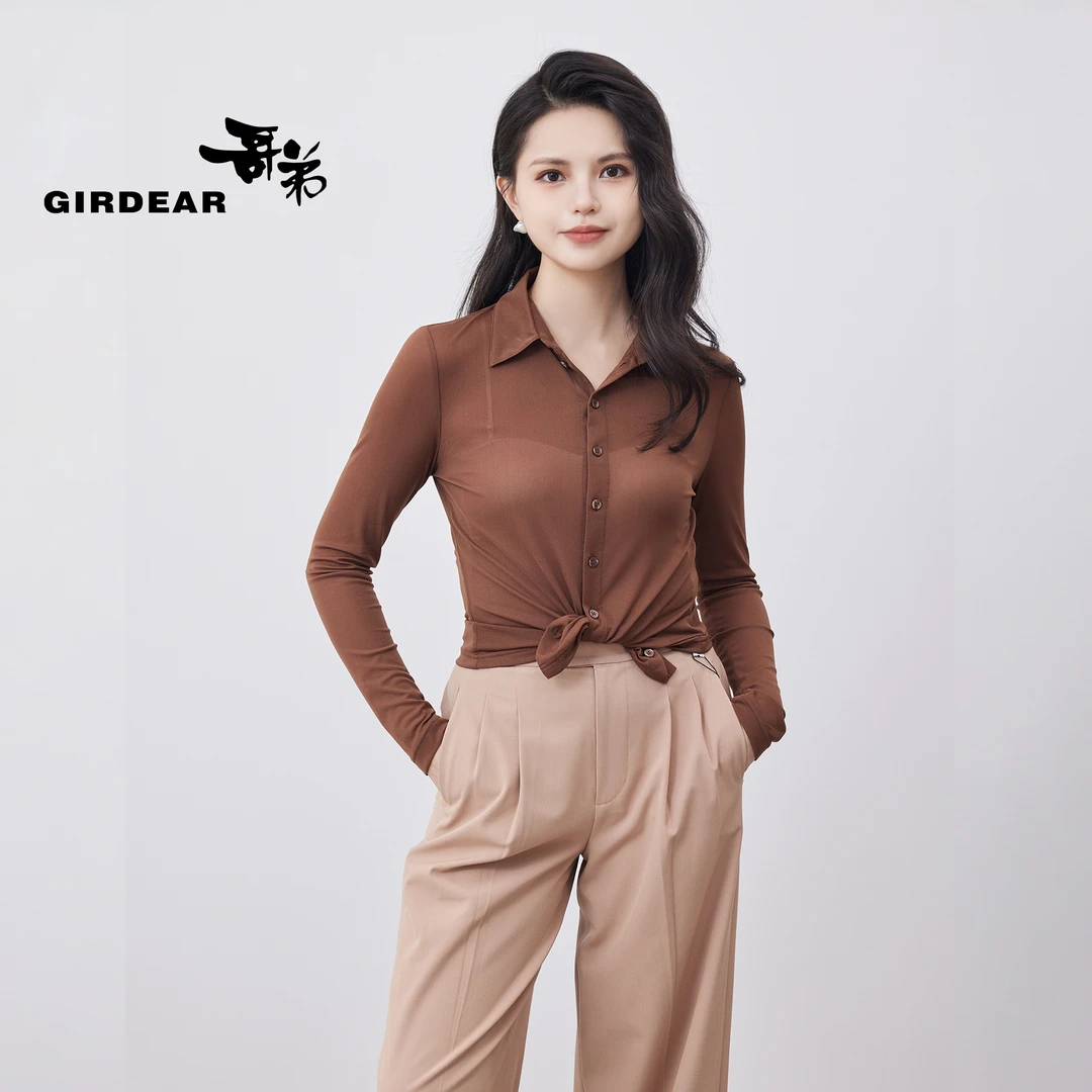 GIRDEAR/哥弟春夏通勤高弹力长袖亲肤网纱衬衫1300782-1102333-00