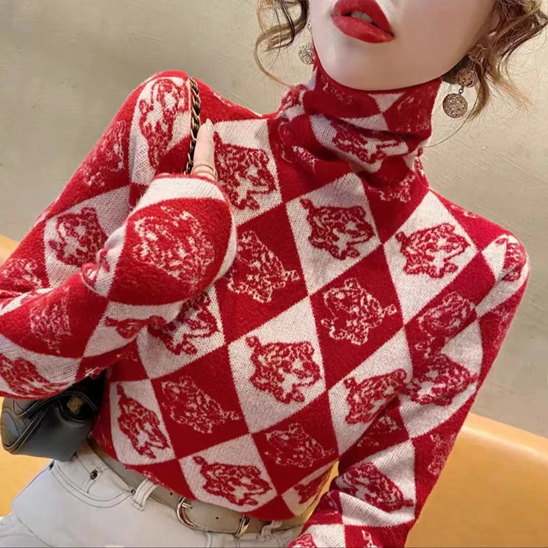 KJ-14【断码】红色高领内搭时尚洋气印花内搭毛衣女打底衫