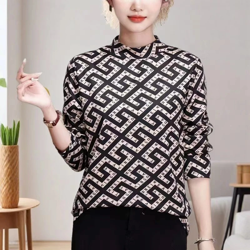 KJ-34中老年秋冬中领洋气百搭复古加绒打底衫一体薄绒提花小衫