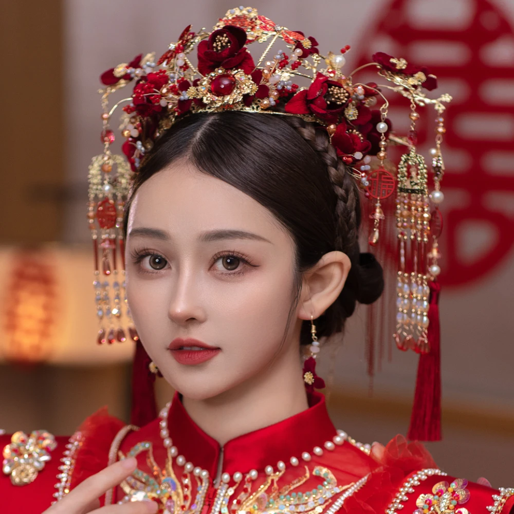 2023新娘红色秀禾整冠凤冠头饰大气古装中式婚礼流苏发饰圆脸发冠