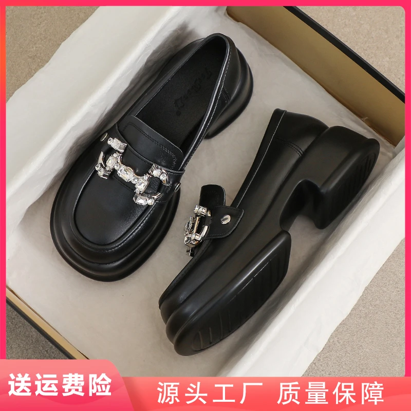 真皮小皮鞋女高跟2024新款春秋英伦风工作34码黑色软底舒适乐福鞋