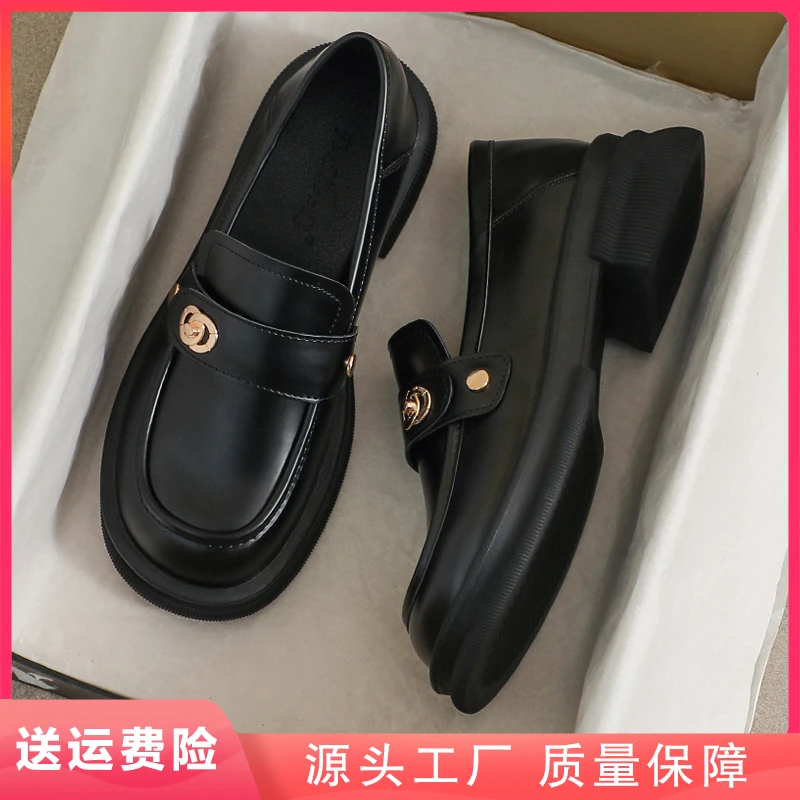 真皮小皮鞋女2024新款春夏英伦风黑色大码41厚底乐福配裙子43鞋子