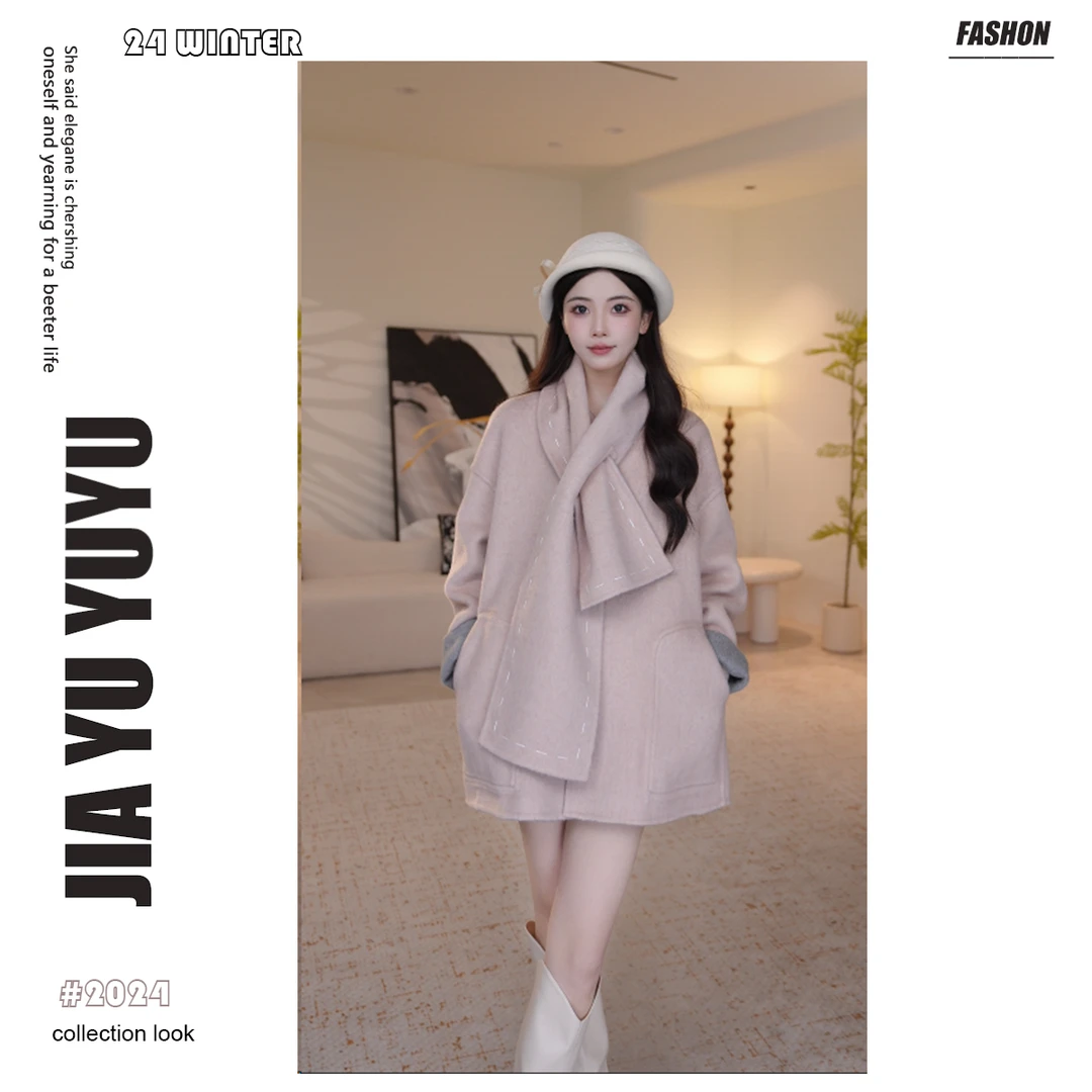 【佳瑜yuyu】乌莓子酱秋冬新款韩版围脖双面双穿毛呢大衣28D185-1