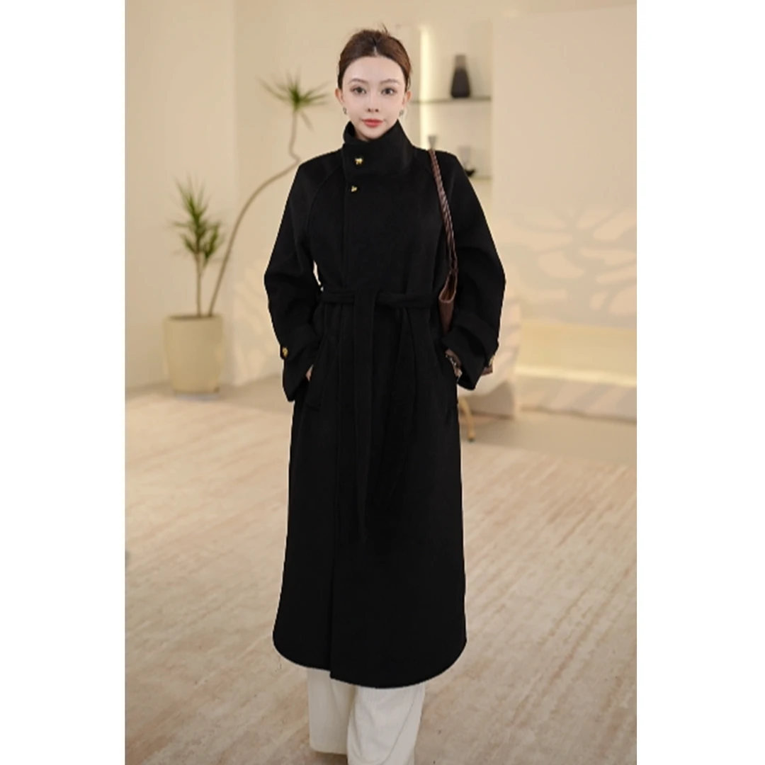 双面呢毛呢大衣时尚设计气质翻领经典毛呢外套28D009-深深