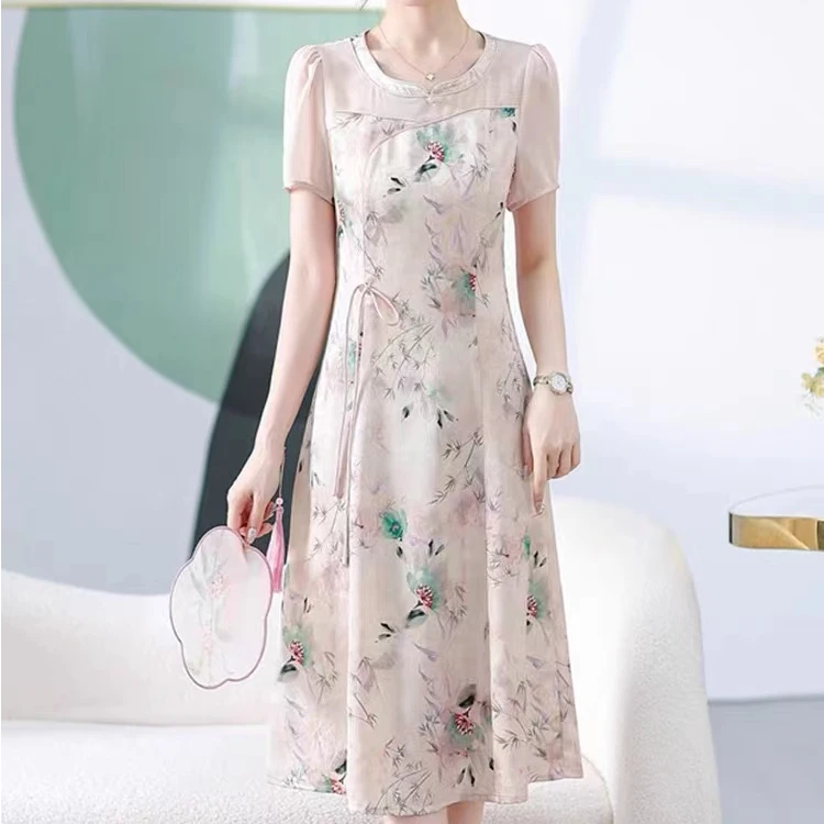 2025夏季新款时尚气质中长款显瘦遮肚清凉连衣裙女中国风修身裙子