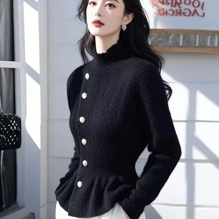 黑色毛衣2024年冬季独特漂亮超好看高端气质高级感小香风针织上衣