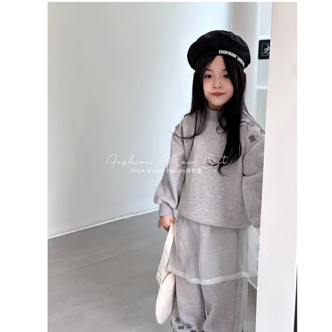 女童时尚一体绒套装灰色洋气百搭秋冬韩版2024新款灰色套装