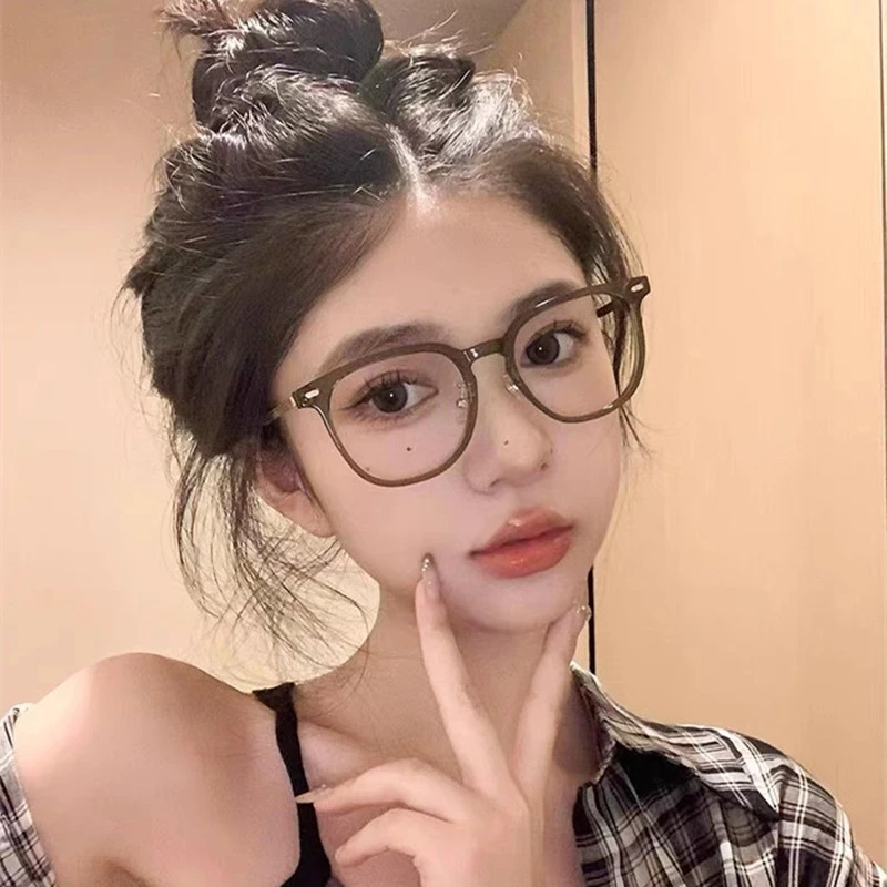 大框素颜眼镜女可配度数近视镜片超轻圆脸韩版冷茶色防蓝光平光镜