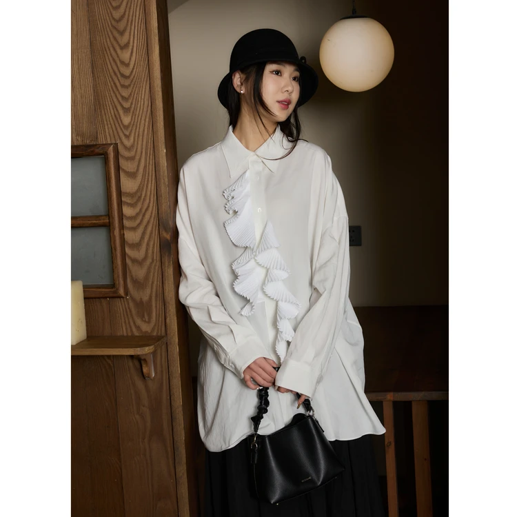 【首次五折 】西町村屋法式设计感风琴褶宽松衬衣 AA9103021