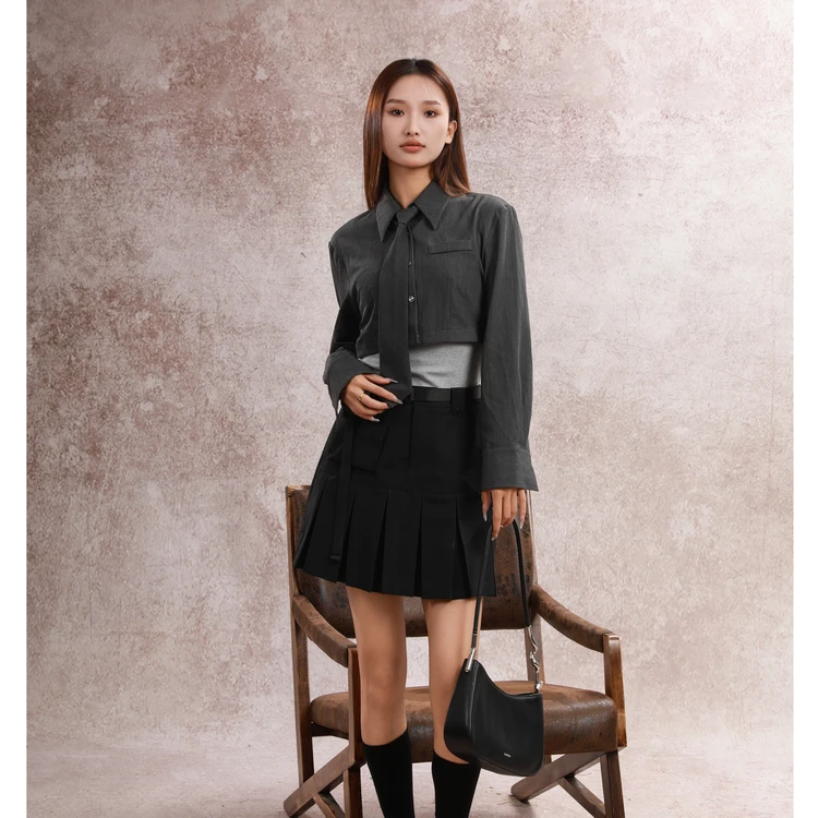 西町村屋休闲感工装百褶裙女装秋季新款气质百搭半身裙XH9C10110